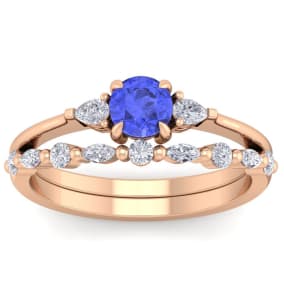 1 Carat Tanzanite and Diamond Antique Style Bridal Set In 14 Karat Rose Gold