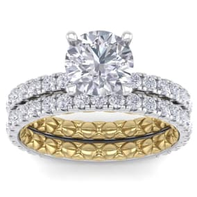 3 1/2 Carat Round Shape Diamond Bridal Set In Quilted 14 Karat White and Yellow Gold