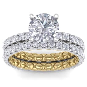 3 1/2 Carat Natural Round Shape Diamond Bridal Set In Quilted 14 Karat White and Yellow Gold