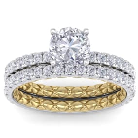 2 Carat Natural Round Shape Diamond Bridal Set In Quilted 14 Karat White and Yellow Gold