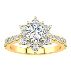 2 Carat Round Shape Flower Halo Moissanite Engagement Ring In 14K Yellow Gold
