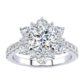 Moissanite Engagement Ring; 1 Carat Round Shape Flower Halo Moissanite Engagement Ring In 14K White Gold