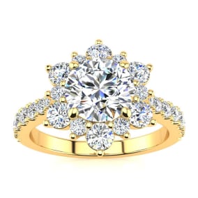 Moissanite Engagement Ring; 1 Carat Round Shape Flower Halo Moissanite Engagement Ring In 14K Yellow Gold