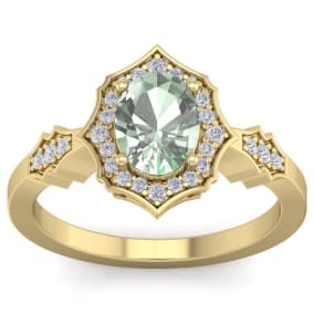 1 1/3 Carat Oval Shape Green Amethyst and Diamond Ring In 14 Karat Yellow Gold