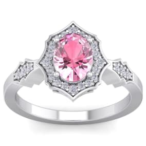 1 3/4 Carat Oval Shape Pink Topaz and Diamond Ring In 14 Karat White Gold