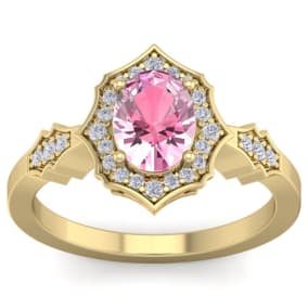 1 3/4 Carat Oval Shape Pink Topaz and Diamond Ring In 14 Karat Yellow Gold