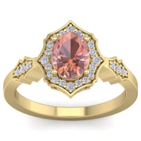 1-1/2 Carat Oval Shape Morganite and Diamond Ring In 14 Karat Yellow Gold