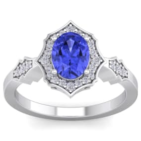 1 1/2 Carat Oval Shape Tanzanite and Diamond Ring In 14 Karat White Gold