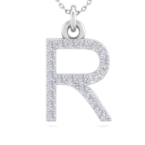 Letter R Diamond Initial Necklace In 14 Karat White Gold With 23 Diamonds