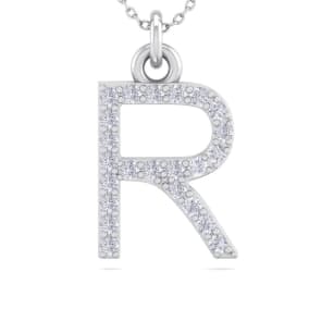 Letter R Diamond Initial Necklace In 14 Karat White Gold With 23 Natural Diamonds