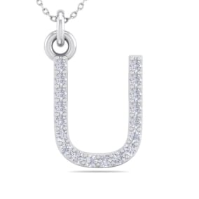 Letter U Diamond Initial Necklace In 14 Karat White Gold With 18 Natural Diamonds