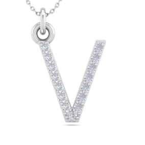 Letter V Diamond Initial Necklace In 14 Karat White Gold With 15 Diamonds