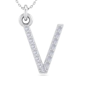 Letter V Diamond Initial Necklace In 14 Karat White Gold With 15 Natural Diamonds