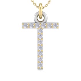 Letter T Diamond Initial Necklace In 14 Karat Yellow Gold With 13 Diamonds