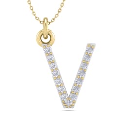 Letter V Diamond Initial Necklace In 14 Karat Yellow Gold With 15 Natural Diamonds