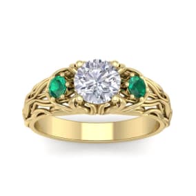 1 1/4 Carat Round Shape Diamond and Emerald Vine Engagement Ring In 14 Karat Yellow Gold