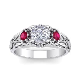 1 1/4 Carat Natural Round Shape Diamond and Ruby Vine Engagement Ring In 14 Karat White Gold
