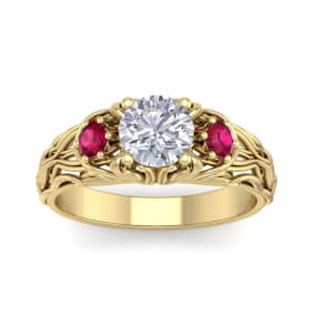 1 1/4 Carat Round Shape Diamond and Ruby Vine Engagement Ring In 14 Karat Yellow Gold