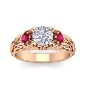 1 1/4 Carat Round Shape Diamond and Ruby Vine Engagement Ring In 14 Karat Rose Gold