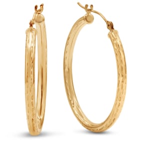 CLEARANCE BLOWOUT....OLD GOLD PRICE! 10 Karat Yellow Gold Polish Finished Diamond Cut 28mm Hoop Earrings With Hinge With Notched Closure