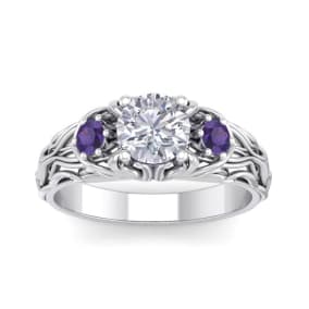 1 1/4 Carat Round Shape Diamond and Amethyst Vine Engagement Ring In 14 Karat White Gold