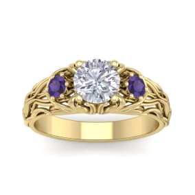 1 1/4 Carat Round Shape Diamond and Amethyst Vine Engagement Ring In 14 Karat Yellow Gold