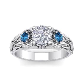 1 1/4 Carat Round Shape Diamond and Blue Diamond Vine Engagement Ring In 14 Karat White Gold