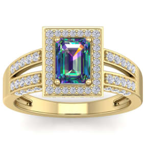 1-1/2 Carat Octagon Shape Mystic Topaz With Diamond Halo In 14 Karat Yellow Gold