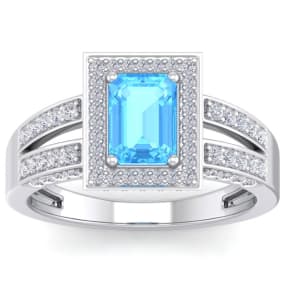 1 3/4 Carat Blue Topaz and Halo Diamond Ring In 14 Karat White Gold