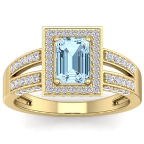 1 1/2 Carat Aquamarine and Halo Diamond Ring In 14 Karat Yellow Gold