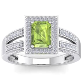 1 3/4 Carat Peridot and Halo Diamond Ring In 14 Karat White Gold