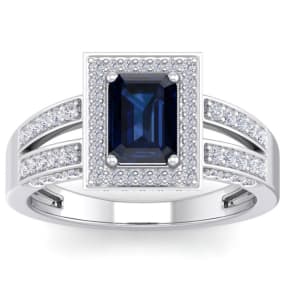 1 3/4 Carat Sapphire and Halo Diamond Ring In 14 Karat White Gold
