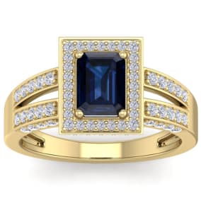 1 3/4 Carat Sapphire and Halo Diamond Ring In 14 Karat Yellow Gold