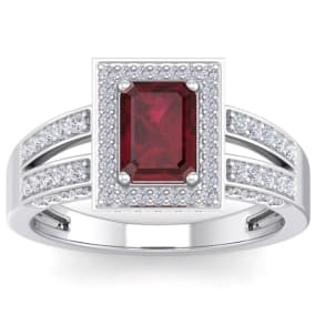 1 1/2 Carat Ruby and Halo Diamond Ring In 14 Karat White Gold