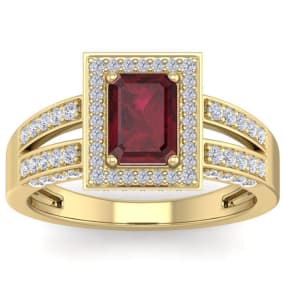 1 1/2 Carat Ruby and Halo Diamond Ring In 14 Karat Yellow Gold