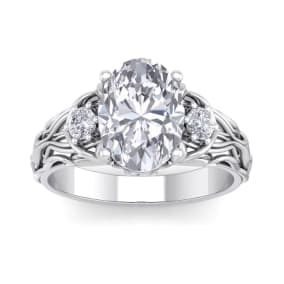 3 1/4 Carat Oval Shape Diamond Intricate Vine Engagement Ring In 14 Karat White Gold