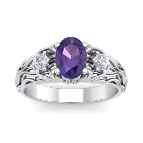 1 Carat Oval Shape Amethyst and Diamond Intricate Vine Engagement Ring In 14 Karat White Gold
