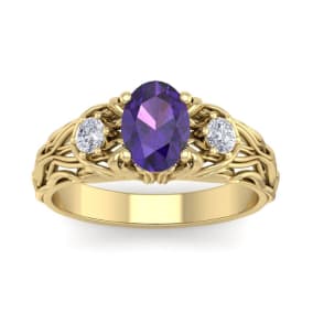 1 Carat Oval Shape Amethyst and Diamond Intricate Vine Engagement Ring In 14 Karat Yellow Gold
