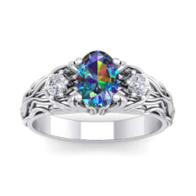 1 Carat Oval Shape Mystic Topaz Ring and Diamonds In 14 Karat White Gold