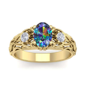 1 Carat Oval Shape Mystic Topaz Ring and Diamonds In 14 Karat Yellow Gold