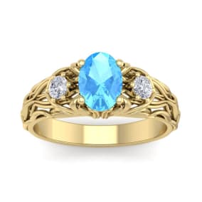 1 1/4 Carat Oval Shape Blue Topaz and Diamond Intricate Vine Engagement Ring In 14 Karat Yellow Gold