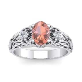1 Carat Oval Shape Morganite and Diamond Intricate Vine Engagement Ring In 14 Karat White Gold