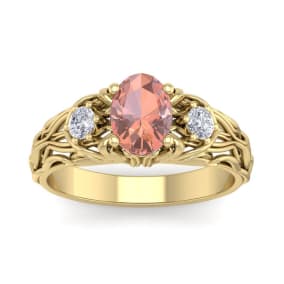 1 Carat Oval Shape Morganite and Diamond Intricate Vine Engagement Ring In 14 Karat Yellow Gold