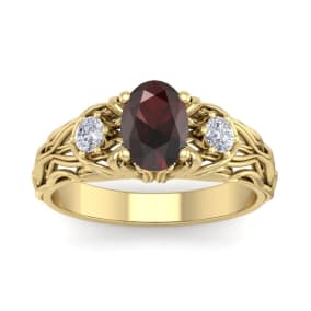 1 1/4 Carat Oval Shape Garnet and Diamond Intricate Vine Engagement Ring In 14 Karat Yellow Gold