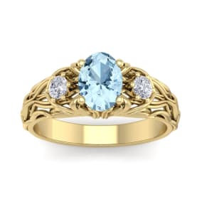 1 Carat Oval Shape Aquamarine and Diamond Intricate Vine Engagement Ring In 14 Karat Yellow Gold