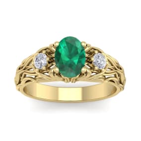 1 Carat Oval Shape Emerald and Diamond Intricate Vine Engagement Ring In 14 Karat Yellow Gold