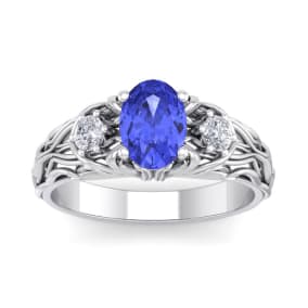 1 1/5 Carat Oval Shape Tanzanite and Diamond Intricate Vine Engagement Ring In 14 Karat White Gold
