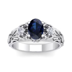 1 1/4 Carat Oval Shape Sapphire and Diamond Intricate Vine Engagement Ring In 14 Karat White Gold