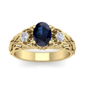 1 1/4 Carat Oval Shape Sapphire and Diamond Intricate Vine Engagement Ring In 14 Karat Yellow Gold