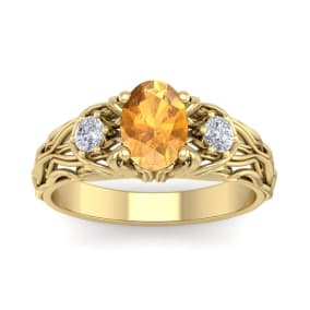 1 Carat Oval Shape Citrine and Diamond Intricate Vine Engagement Ring In 14 Karat Yellow Gold